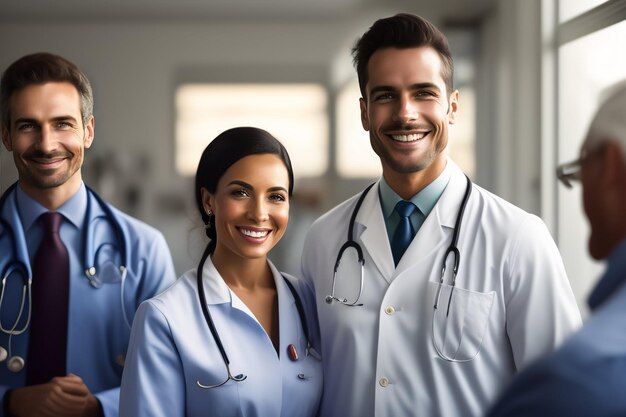 Un groupe de médecins en blouse blanche se tient dans une chambre d'hôpital.