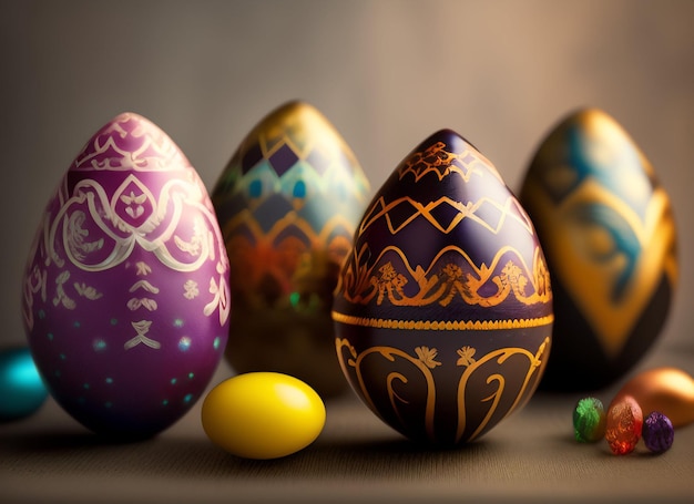 Un groupe d'œufs de Pâques avec un œuf jaune sur la droite.