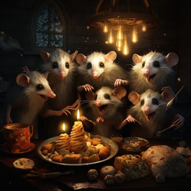 Un groupe d'opossums avec des bougies