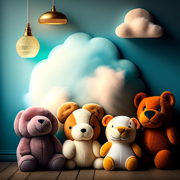 Photo gratuite un groupe d'ours en peluche est assis devant un mur bleu