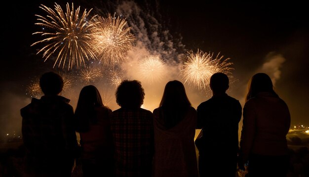 Un groupe de personnes célèbre avec un feu d'artifice généré par l'IA