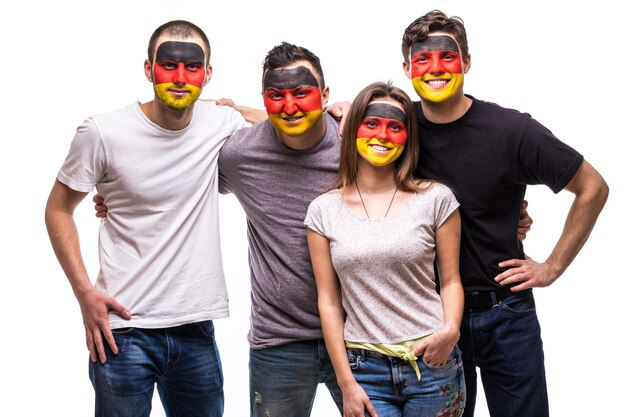 Groupe de personnes supporters fans des équipes nationales d'Allemagne avec le visage du drapeau peint sourire émotions heureuses. Émotions des fans.