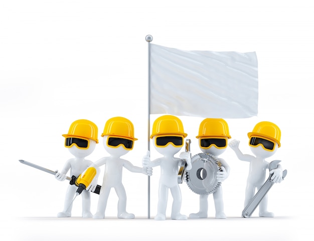 Groupe de travailleurs / constructeurs de construction avec outils et drapeau blanc. Isolé sur fond blanc