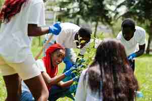 Photo gratuite groupe de volontaires africains heureux plantant un arbre dans le parc afrique bénévolat personnes caritatives et concept d'écologie