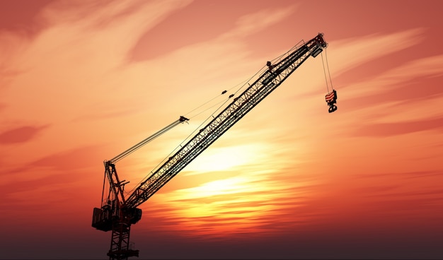 Photo gratuite grue 3d contre un ciel coucher de soleil