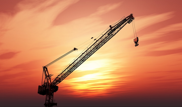 Photo gratuit grue 3d contre un ciel coucher de soleil