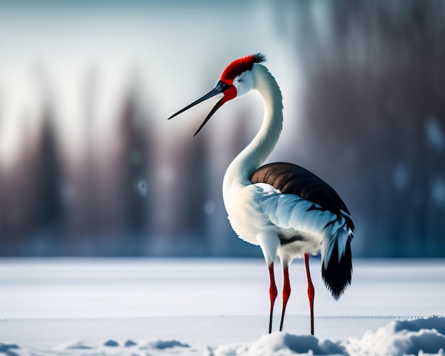 Une grue blanche et noire avec une tête rouge et des plumes noires.