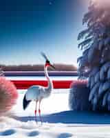 Photo gratuite une grue blanche se dresse dans la neige avec la ligne rouge en arrière-plan.