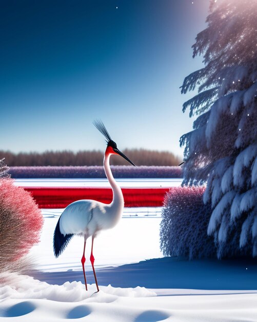 Une grue blanche se dresse dans la neige avec la ligne rouge en arrière-plan.