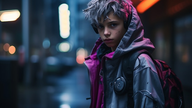 Photo gratuite guerrier cyberpunk dans un paysage urbain