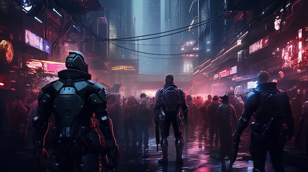 Guerriers cyberpunk dans un paysage urbain