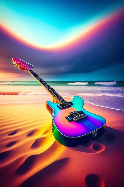 Photo gratuite une guitare arc-en-ciel sur la plage avec le mot musique dessus