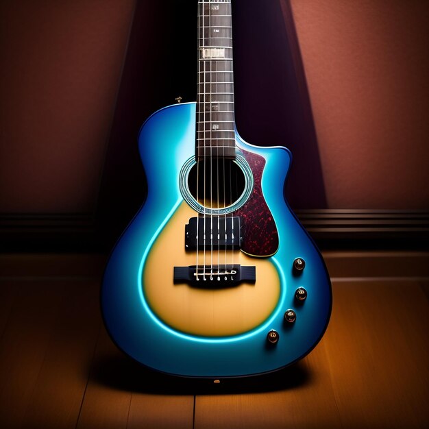 Une guitare bleue est allumée dans une pièce sombre.