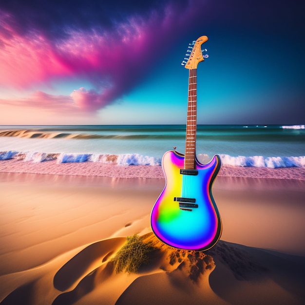 Une guitare colorée est sur la plage et le ciel est bleu et le soleil se couche.