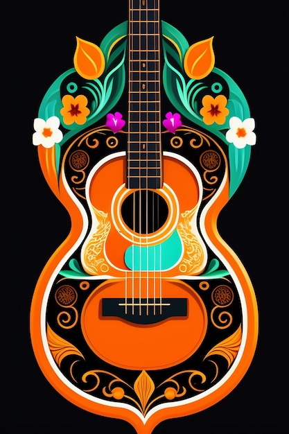 Une guitare avec un motif floral dessus