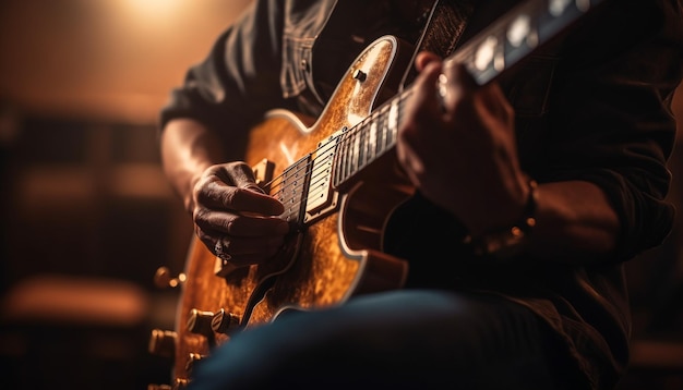 Guitariste caucasien jouant de la guitare acoustique sur scène généré par l'IA