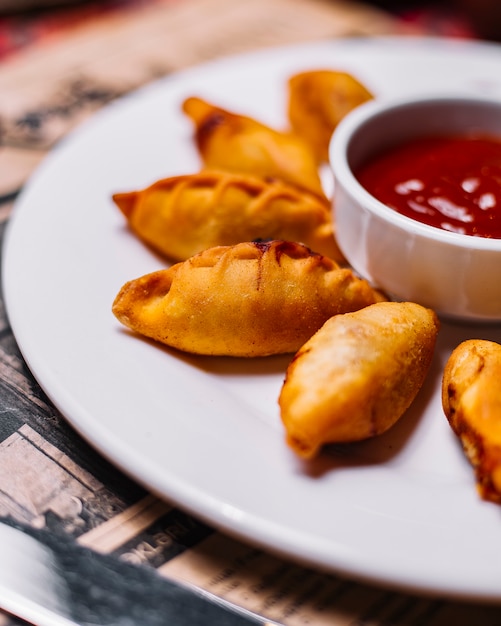 Gurza frit avec du ketchup de viande hachée vue latérale