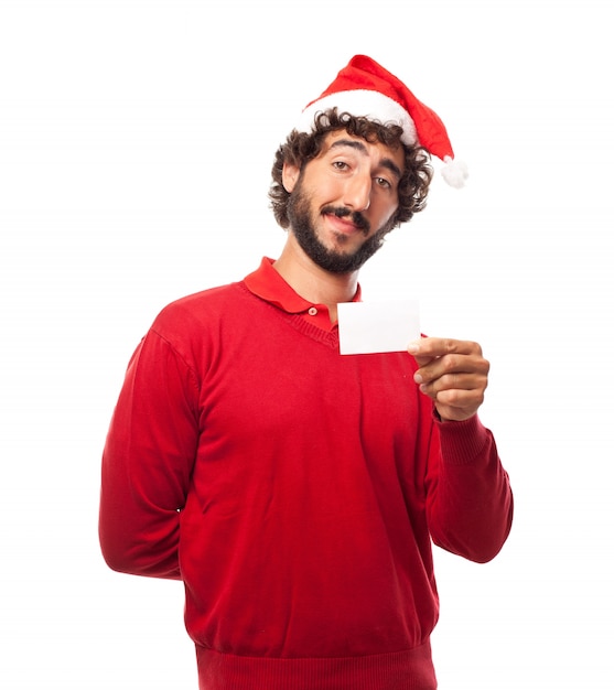 Guy avec le Père Noël chapeau et une carte de visite vide