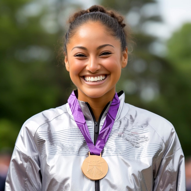 Photo gratuite gymnaste souriant après avoir remporté la médaille d'or