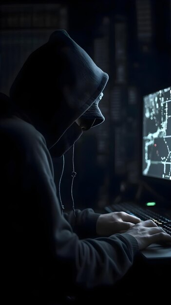 Un hacker cagoulé dans une pièce sombre avec un ordinateur sur un fond sombre