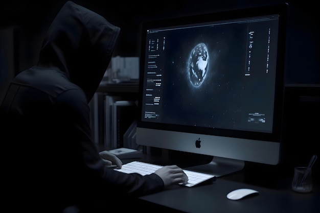 Photo gratuite un hacker à la cagoule volant des données d'un ordinateur la nuit dans une pièce sombre