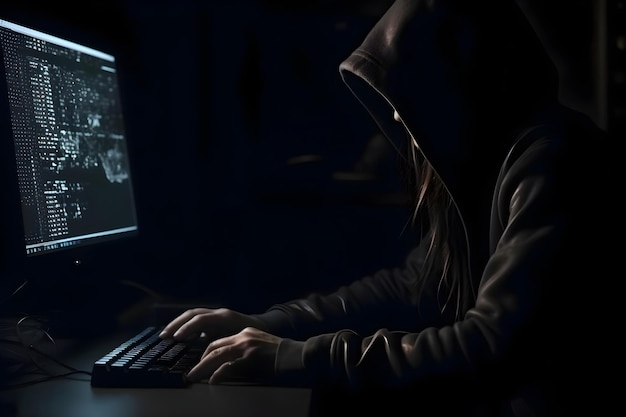 Photo gratuite un hacker à la cagoule volant des informations à partir d'un ordinateur fond sombre