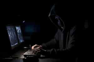 Photo gratuite hackers cagoulés utilisant un ordinateur dans une pièce noire concept de sécurité informatique