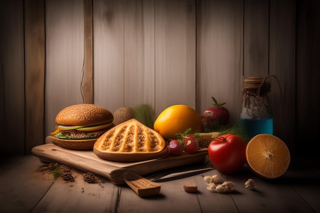 Photo gratuite un hamburger et d'autres aliments sont sur une table en bois.