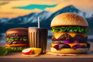 Photo gratuite un hamburger et une tasse de jus sont sur une table.