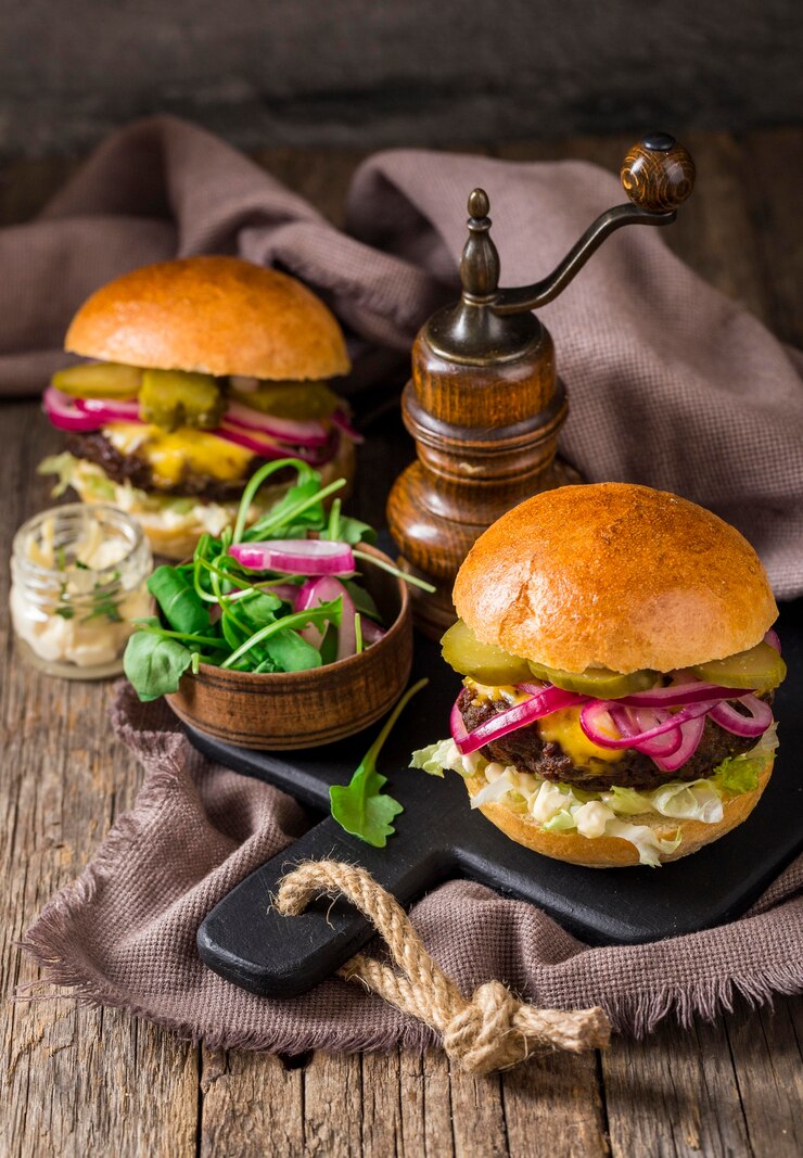 Photo gratuit hamburgers à angle élevé avec cornichons et oignon rouge sur une planche à découper