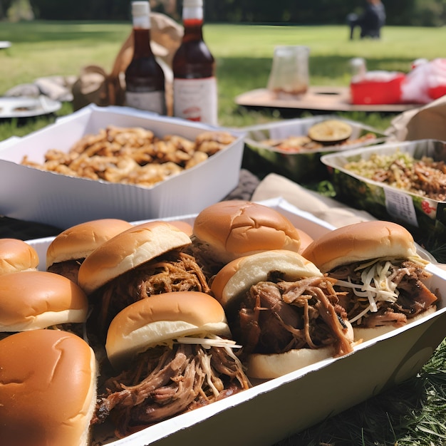 Photo gratuite des hamburgers délicieux dans une boîte lors d'un pique-nique dans le parc