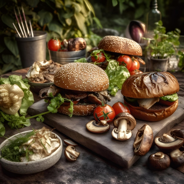 Photo gratuite des hamburgers faits maison avec des champignons et des légumes sur une planche en bois