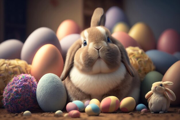 Happy Bunny coloré avec de nombreux oeufs de Pâques sur l'herbe fond festif pour la conception décorative