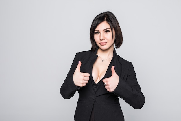 Happy smiling Businesswoman with Thumbs up geste, isolé sur blanc