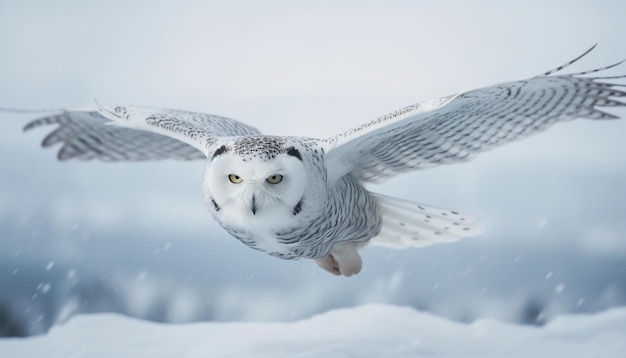 Photo gratuite harfang des neiges volant dans les airs, ailes déployées, ia générative tranquille