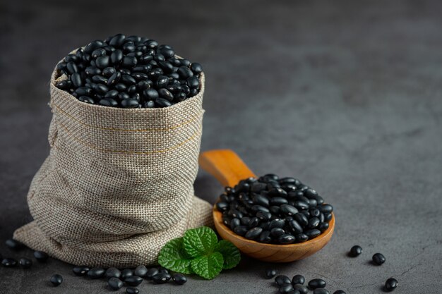 Haricot noir dans une petite cuillère en bois place à côté d'un sac plein de haricots noirs