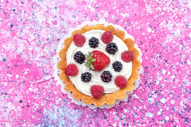 Haut de la page vue rapprochée du délicieux gâteau crémeux avec différentes baies sur violet clair, couleur de cuisson de biscuit gâteau aux baies de fruits