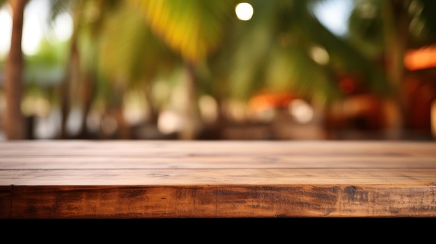 Photo gratuite le haut d'une table en bois sur un fond flou avec un palmier