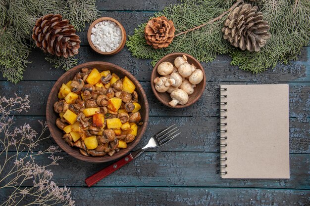 Haut vue rapprochée plat et branches assiette de champignons et pommes de terre sur la table grise sous les branches d'épinette avec cônes champignons et sel à côté de la fourchette et du cahier