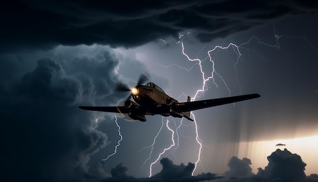 Photo gratuite l'hélice d'un avion volant traverse un ciel d'orage sombre et dangereux généré par l'ia