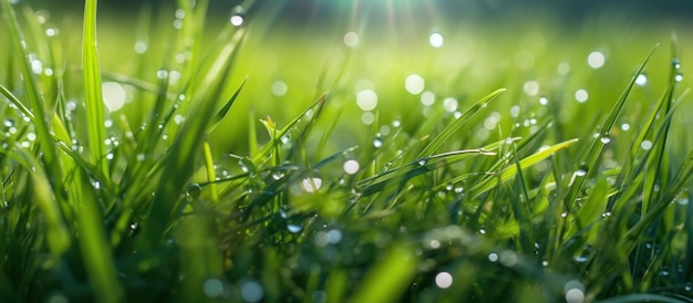 Herbe fraîche avec des gouttes de rosée Image générée par l'IA