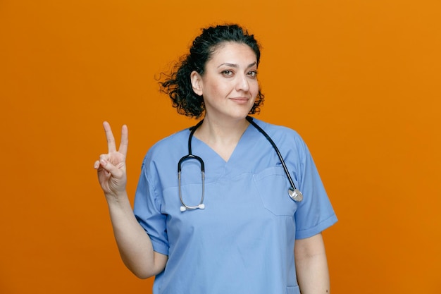 Heureuse femme médecin d'âge moyen portant un uniforme et un stéthoscope autour du cou regardant la caméra montrant un signe de paix isolé sur fond orange