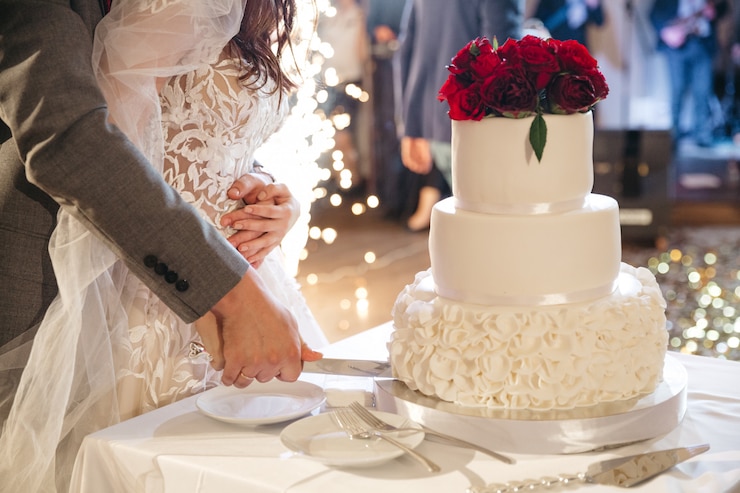 Photo gratuit heureuse mariée et le marié couper un gâteau de mariage