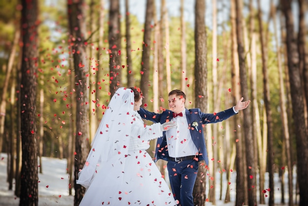 Heureuse Mariée Et Le Marié Dans La Journée D'hiver Sur Leur Mariage