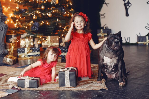 Heureux enfant et chien avec un cadeau de Noël. Enfant en robe rouge. Bébé s'amuse avec un chien à la maison. Concept de vacances de Noël