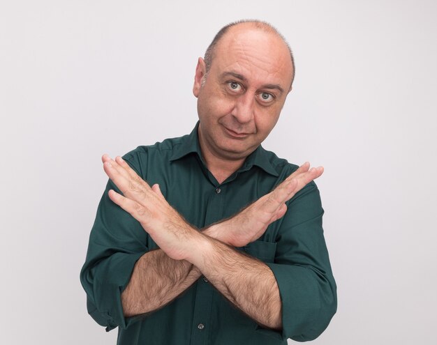 Heureux homme d'âge moyen portant un t-shirt vert montrant le geste de non isolé sur mur blanc