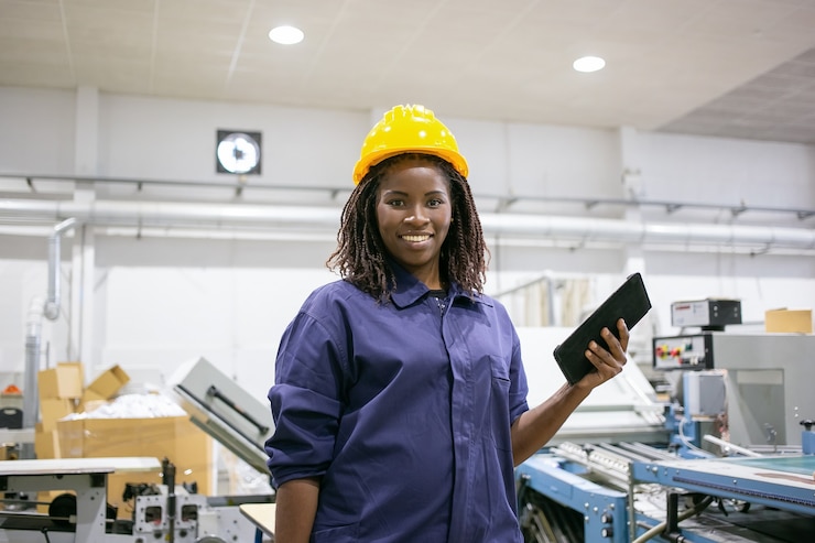 Photo gratuit heureux ouvrier d'usine en casque et dans l'ensemble, debout à la machine, tenant la tablette, regardant à l'avant et souriant
