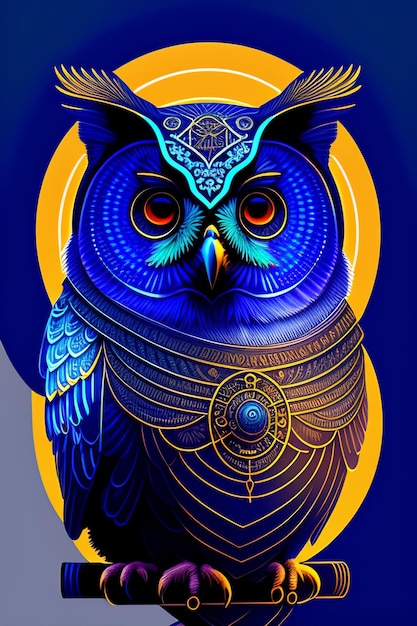 Un hibou bleu avec un cercle doré et le mot hibou dessus.