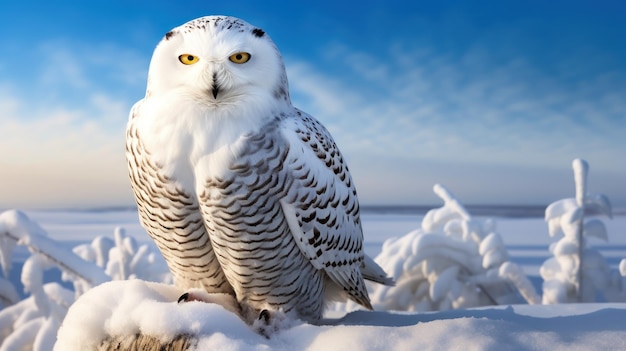 Photo gratuite un hibou neigeux est assis sur un perchoir ses yeux vigilants surveillant un vaste paysage enneigé