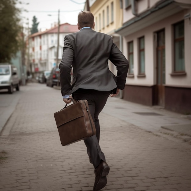 Photo gratuite un homme d'affaires en costume et avec une mallette est en retard pour une réunion en courant dans la rue pour le bureau.